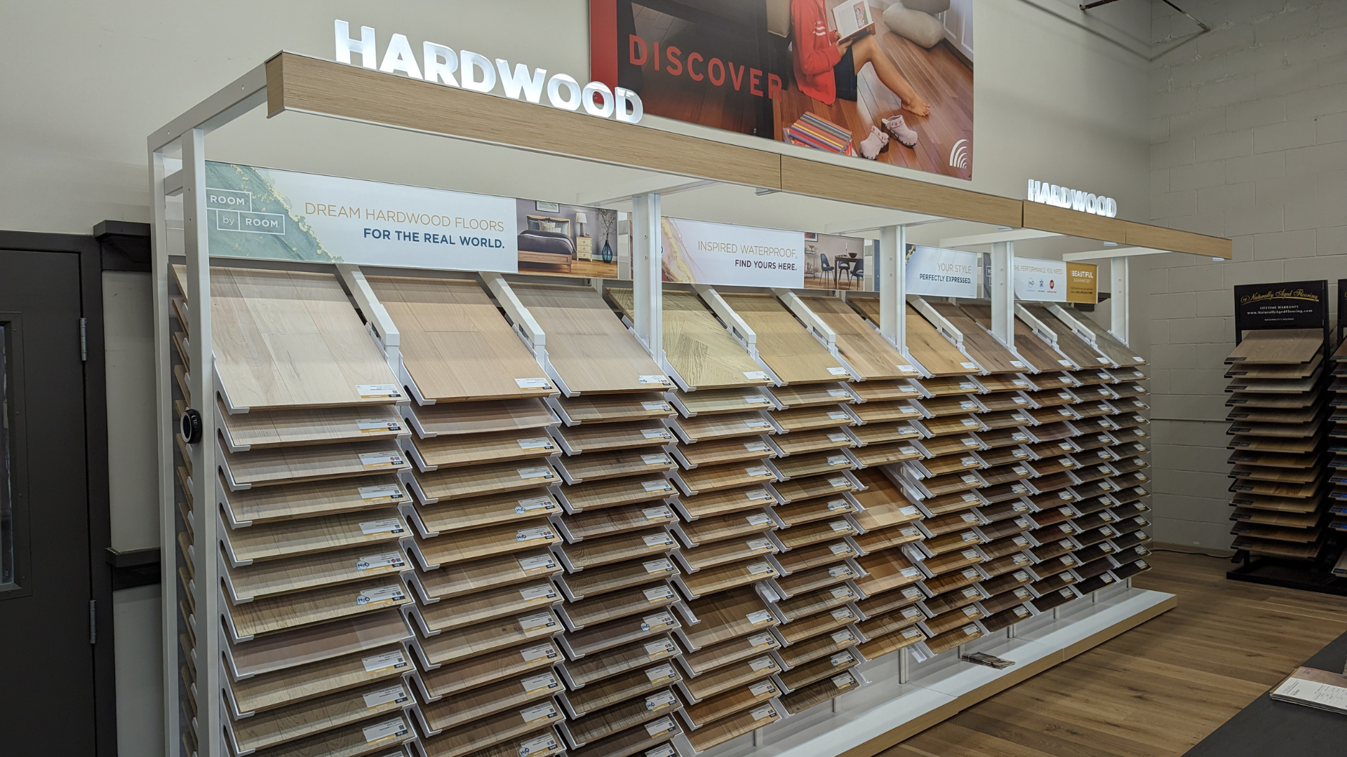 hardwood floor displays in flooring showroom